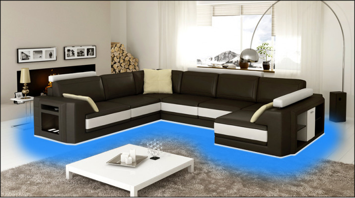 Designersofa mit USB Ecksofa Couch Ledersofa Polster Sitz Eck Garnitur +Licht