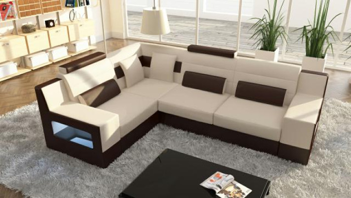 Ecksofa Garnitur Textil Stoff Leder Sofas Wohnlandschaft Sofa + USB Polster Ecke