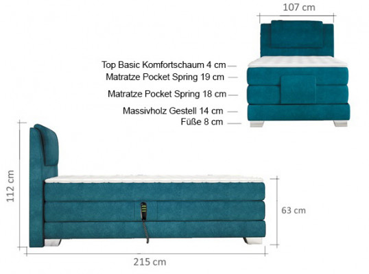 BOXSPRINGBETT DESIGN BETT TOPPER FEDERKERN POLSTERBETT 100 x 200 cm ELEKTRISCH