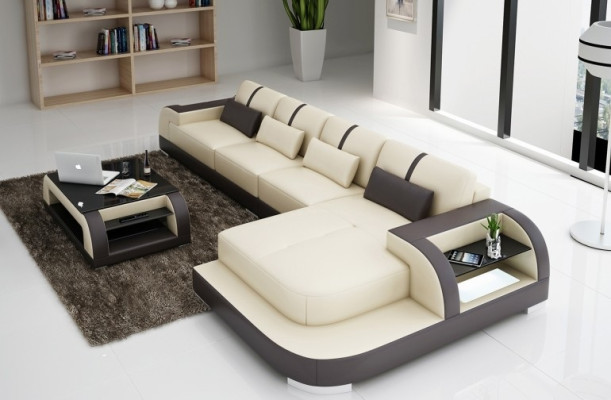 Ledersofa Ecksofa Eckcouch Polster Sitz Ecke Garnitur Wohnlandschaft H4 Weiß LED
