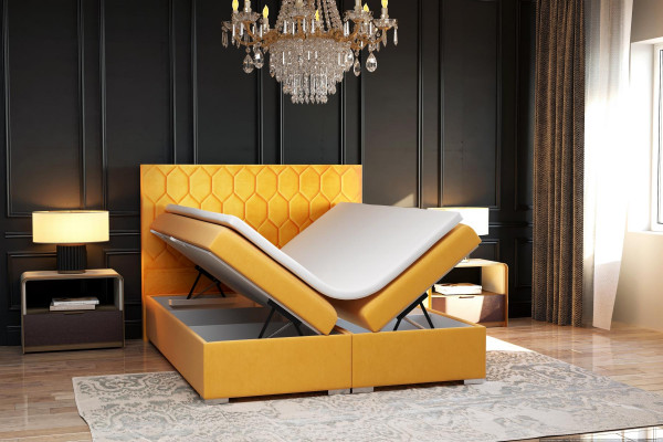 Boxspring Bett Hotel Doppel Luxus Betten Polster Funktion Bettkasten Gelb Samt