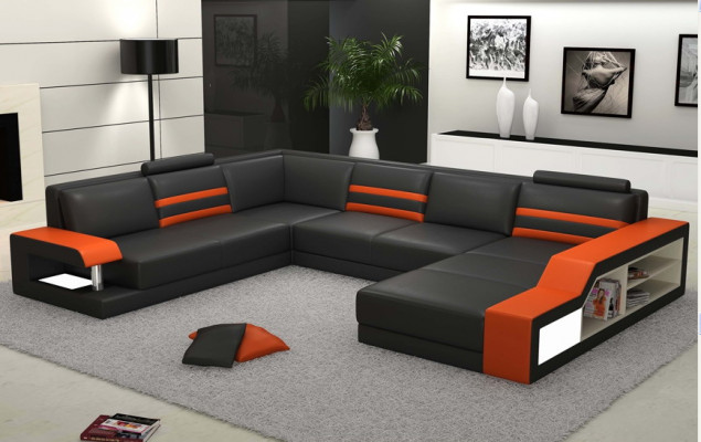 Designersofa Ecksofa mit USB,Ledersofa Polster Sitz Eck Garnitur LED Couch