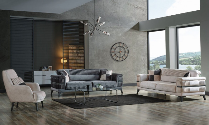 Sofagarnitur 3+3+1 Holz Wohnzimmer Luxus Sofa Modern Stoff Neu Komplett