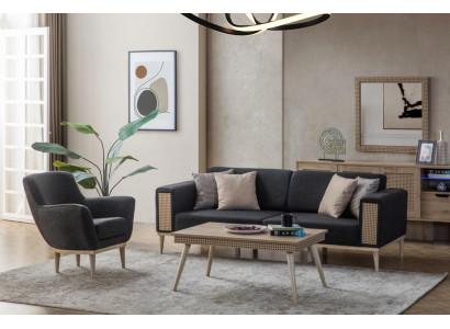 Grauer Wohnzimmer Set Luxus Dreisitzer Polster Sessel Stil Textil Möbel
