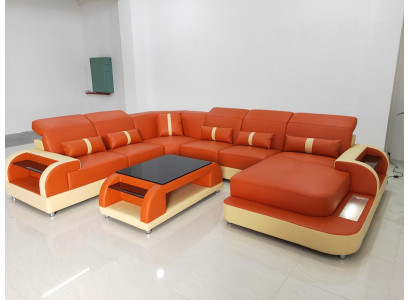 Wohnlandschaft u Form Ledersofa Polster Ecksofa Sofa Couch Leder Textil usb neu