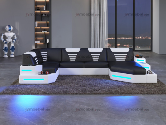 Eck Sofa Couch Polster Ecke Leder Couchen Wohnlandschaft U Form +LED