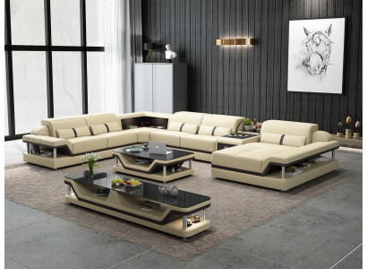 Ecksofa Beige mit Couchtisch 2tlg. Wohnzimmer Ledersofa Set Eckgarnitur Tisch
