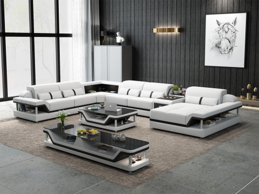 Ecksofa Beige mit Couchtisch 2tlg. Wohnzimmer Ledersofa Set Eckgarnitur Tisch