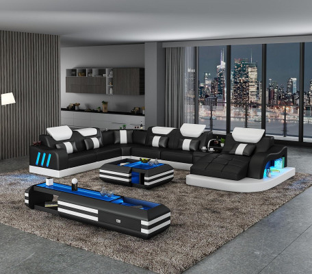 Ecksofa U-Form Sideboard Couchtisch Couch Design Grau Polster Leder Modern 3tlg.