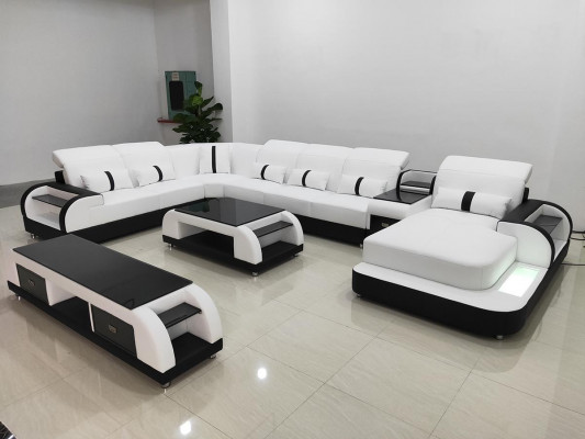 Wohnlandschaft Couch Polster Sofa Garnitur 3tlg. Set Couchtisch Sideboard Leder