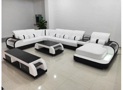 Wohnlandschaft Couch Polster Sofa Garnitur 3tlg. Set Couchtisch Sideboard Leder