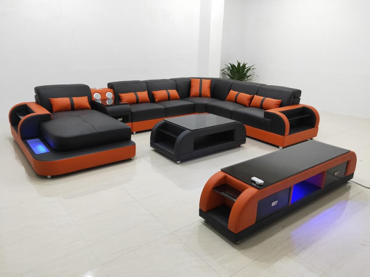 Wohnlandschaft Couch Polster Sofa Garnitur 3tlg. Set Couchtisch Sideboard Leder