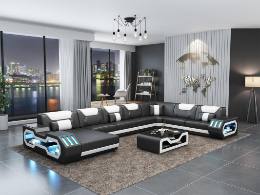Ecksofa U-Form Couchtisch Couch Design Grau Polster Leder Modern Wohnlandschaft