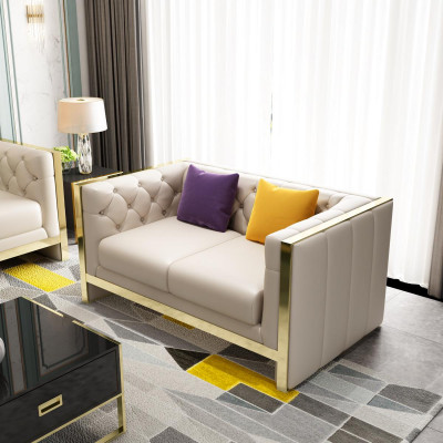 Beige Chesterfield Sofagarnitur 3+2 Sitzer Polstersofas Leder Wohnzimmer Garnitur