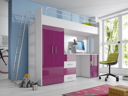 Lila Doppelstockbett Holz Etagen Bett Mädchen Hochglanz mit Schreibtisch Schrank