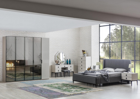 Schminktisch mit Spiegel Grauer Schlafzimmer Design Konsol Hocker Neu