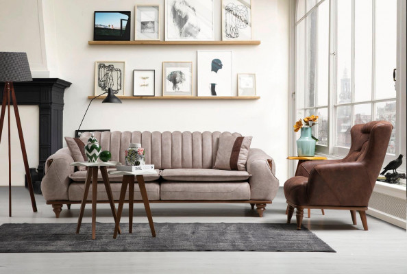 Designer Sofagarnitur 3+1 Sitz Couchtisch Sofabezug Textil Braun Holz