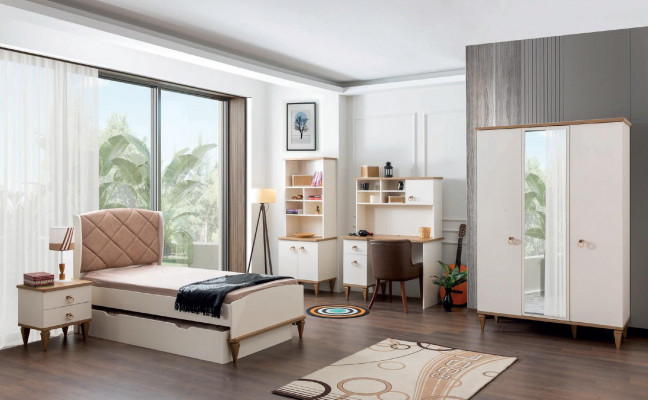 Unisex Schlafzimmer Jugendzimmer Set Bett Nachttisch Bücherregal Tisch 5tlg. Neu