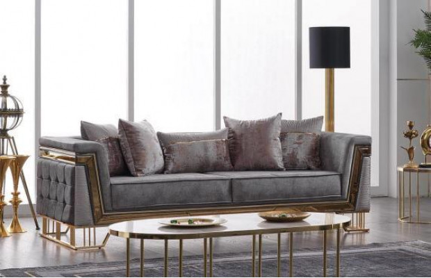 Grau Sofagarnitur 3+1 Sitzer mit Edelstahl Couch Sofa Polster Set 2tlg