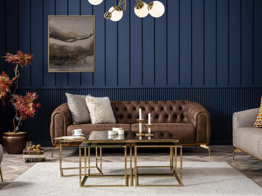 Chesterfield Viersitzer Sofa 4 Sitzer Sitz Polyester Braun Kunstleder