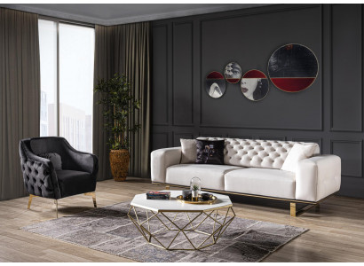 Chesterfield Sofagarnitur Sofa 31 Sitzer Sessel Stoff Luxus Weiß Sofas