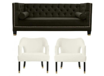 Chesterfield+2 Sessel Schwarz Weiß XXL Big Textil Stoff Couchen Kreative