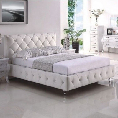 Weißes Polster Chesterfield Doppelbett Textil Schlafzimmer Möbel