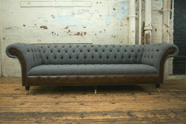 Design Chesterfield Sofa 4-Sitzer Grau Couch Polster Leder Sofas Wohnzimmer Neu