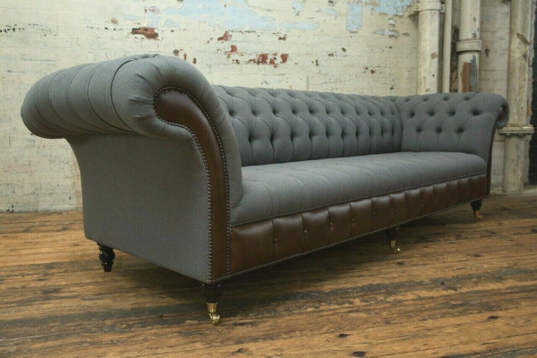 Design Chesterfield Sofa 4-Sitzer Grau Couch Polster Leder Sofas Wohnzimmer Neu