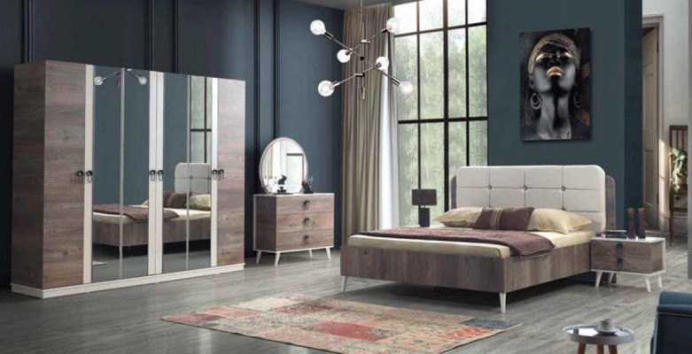 Komplettes Schlafzimmer Bett Bank Schminktisch Kleiderschrank Nachttisch 5tlg.