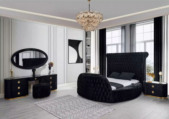 Schlafzimmer schwarz Set Bett 2x Nachttische Schminktisch Chesterfield 5tlg