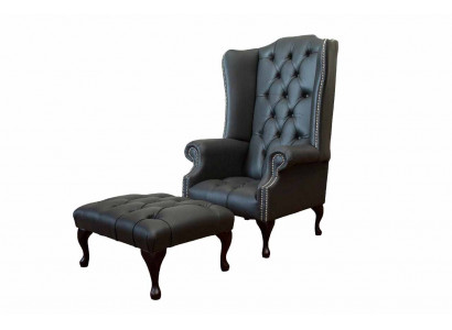 Sessel mit Hocker Designer Polstersessel Chesterfield Ohrensessel Neu