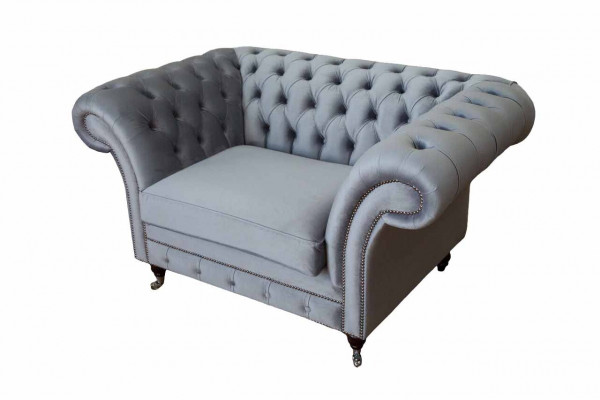 Chesterfield Ohrensessel Hocker Sessel Couch Polster Set Grau Textil