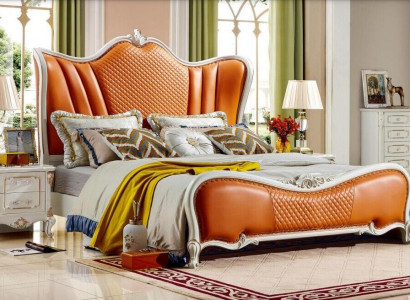 Bett Klassisches Schlafzimmer Chesterfield Orange 2x Nachttisch 3tlg Holz