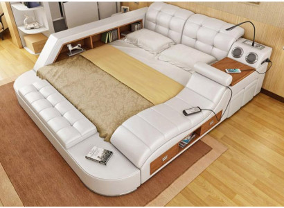 Doppel Luxus Leder Bett + USB Polster Betten Moderne Hotel Multifunktion Sofort