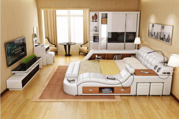 Doppel Luxus Leder Bett + USB Polster Betten Moderne Hotel Multifunktion Sofort