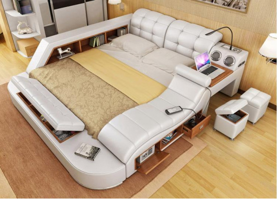 Doppel Luxus Leder Bett + USB Polster Betten Moderne Hotel Multifunktion Sofort