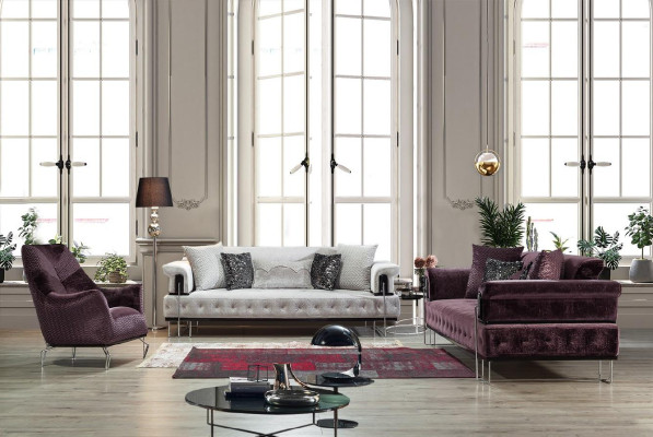 Lila Couch Sofa Garnitur 3+1 Sitz Chesterfield Wohnzimmer Polster