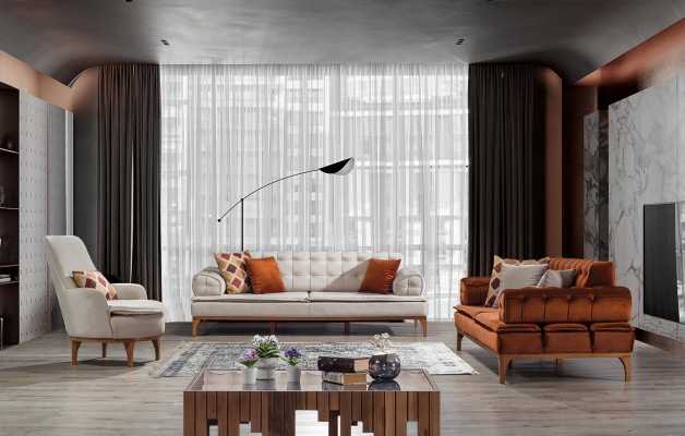 Sofagarnitur Garnitur Sofas Sofa Sessel Dreisitzer 3+1 Sitzer Orange