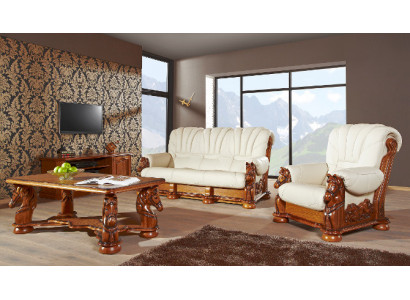 Klassische Sofagarnitur Couch Polster Sitz Garnitur Sofa Leder Holz 3+2+1 Set