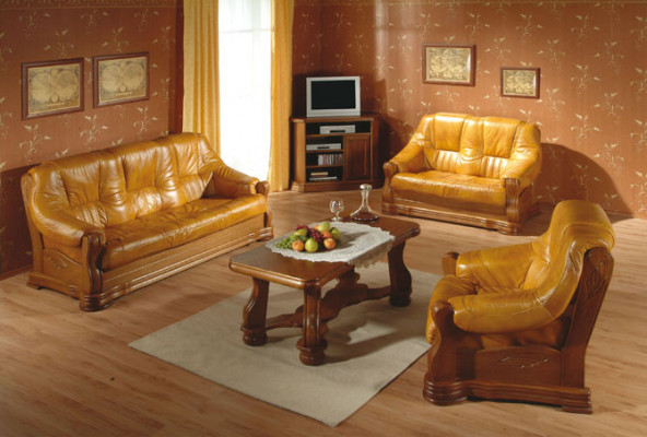Sofagarnitur Holz Leder 3+2+1 Komplettes Set Klassik Sitz Polster Couchgarnitur