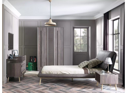 Garnitur Polsterbett Jugendbett Bettrahmen Bett Set 5tlg Holz Grau Neu