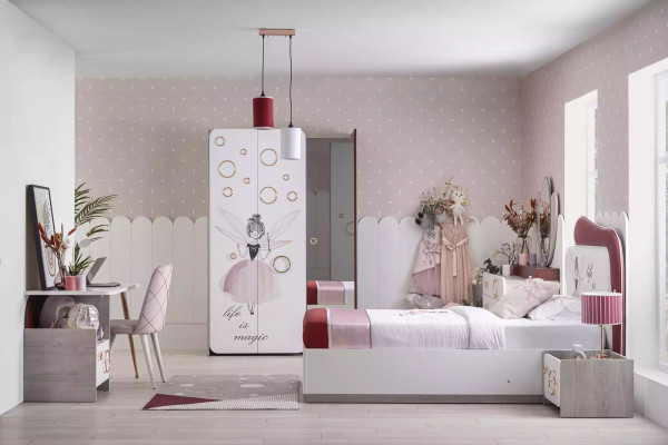 Komplette Kindermöbel - Kinderbett mit Bettkasten, Holz Rosa Set 6tlg