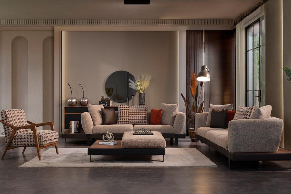 Dunkel-Beige Sofagarnitur 4 Sitzer Zweier Luxuriöser Wohnzimmer Sessel
