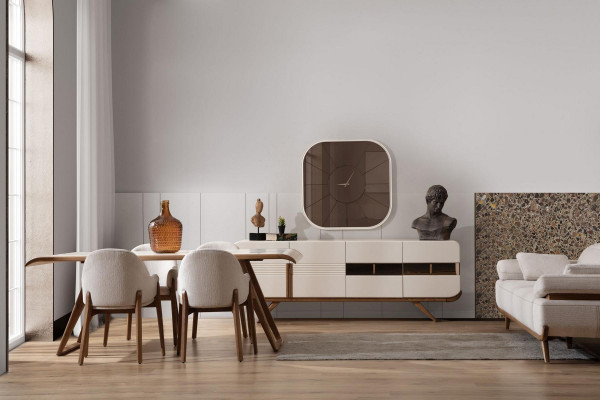 Weiß-braune Esszimmer Garnitur Moderner Esstisch 6x Polsterstühle 9tlg