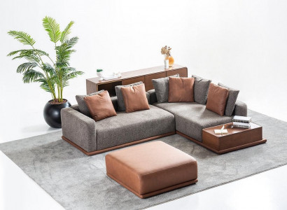 Wohnzimmer Sitzgarnitur Graues L-Form Sofa Brauner Hocker Luxus Möbel