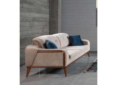 Beige Couch Wohnzimmer Dreisitzer Sitzpolster Sofa Möbel Samt Holz