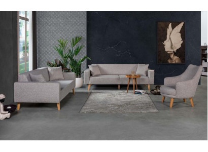 Sofa Couch Polster Sitz 3+3+1 Sitz Garnitur Design Holz Sofas Beige Sitzpolster