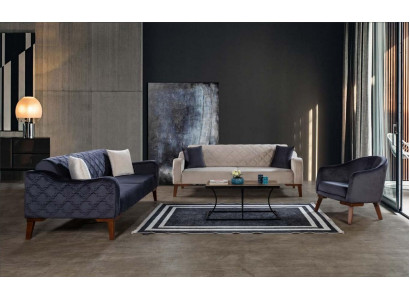 Wohnzimmer Sofagarnitur Sofa 3+3+1 Blaue Polster Set Sessel Textil