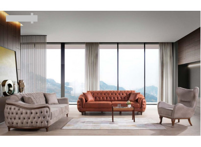 Sofas Set Sofagarnitur Komplette Garnitur Sofa Sessel Orange 3+3+1 Sitz Möbel